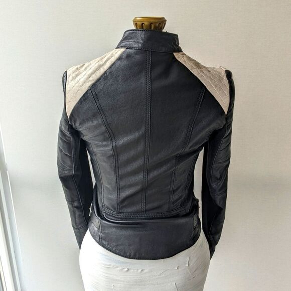 BCBG Max Azria Two-Tone Leather Biker/Moto Jacket - Black & Cream - Picture 6 of 8